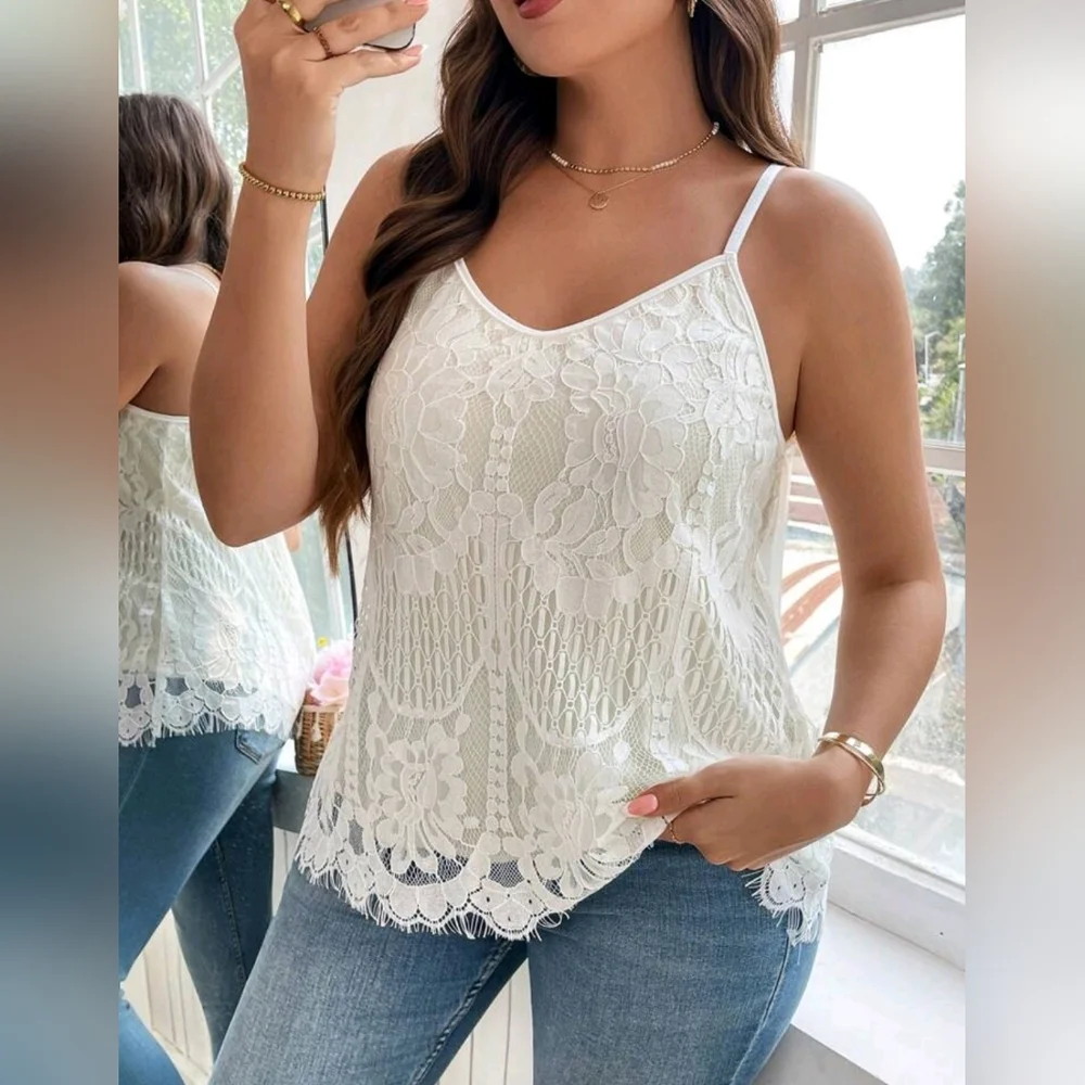 New Boho Scalloped Lace Overlay Cami Tank Top Off White Cream - Picture 2 of 9